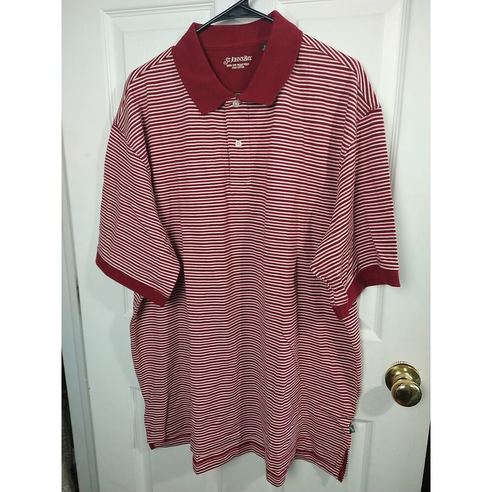 St. Johns Bay Men XL Polo Shirt Two Button Red Striped Shirt Sleeve Long Casual